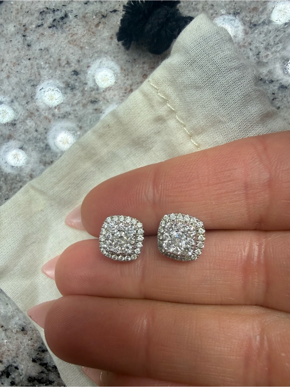 Diamond Halo Cushion Stud Earrings - Silver Tone